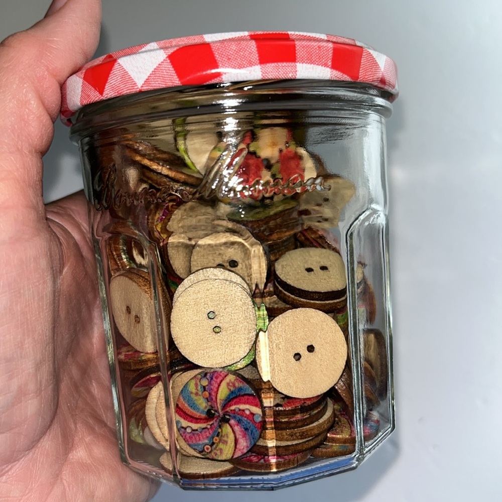 Jar of Assorted Wooden Buttons Crafting Sewing Teacher
